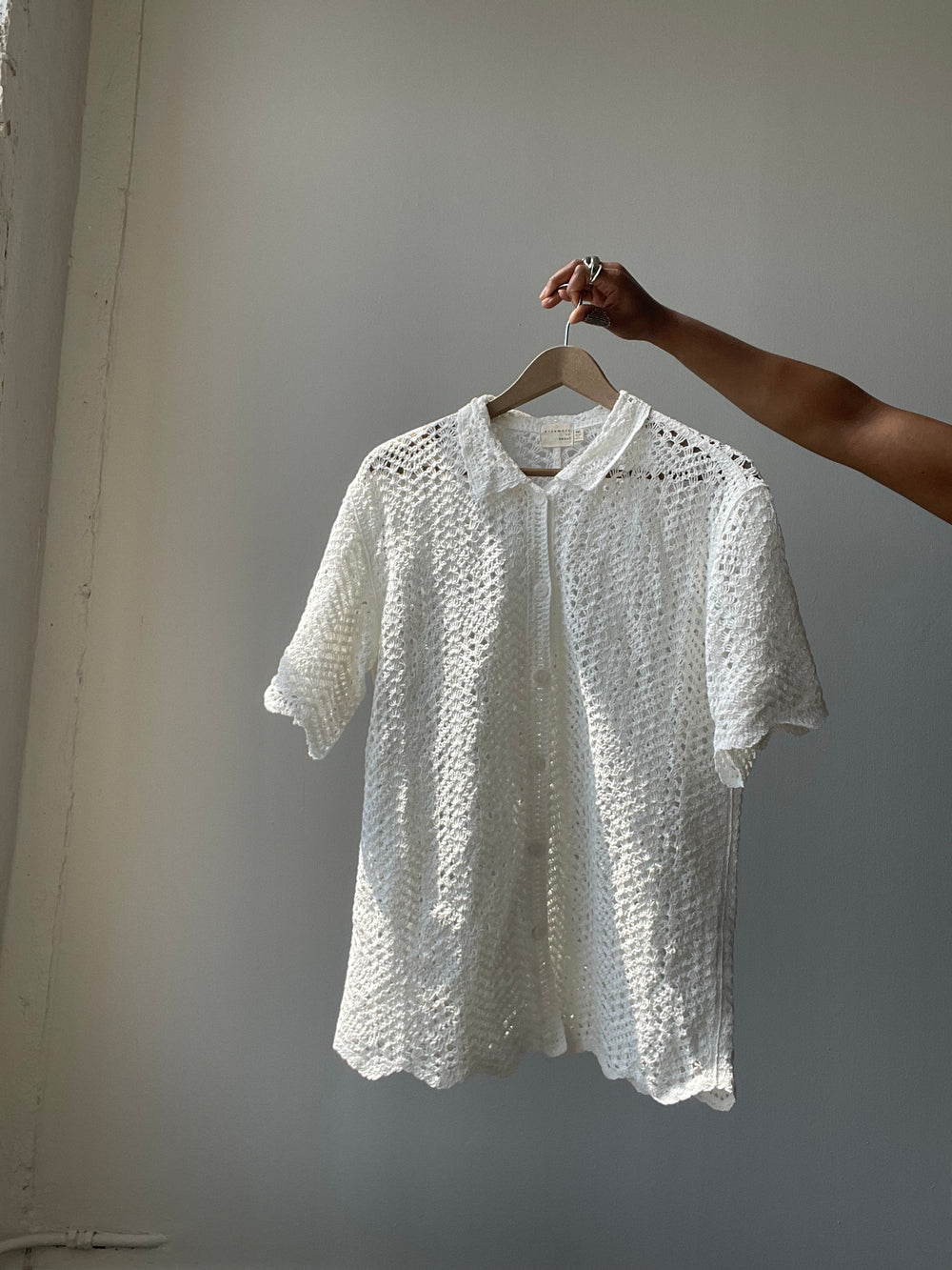 Mira Cotton Crochet Scallop Button Down In White