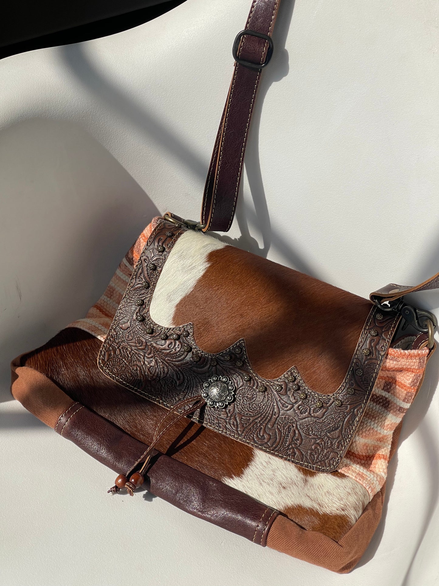 Chelsea Texas Leather Cowhide Tribal Saddle Bag