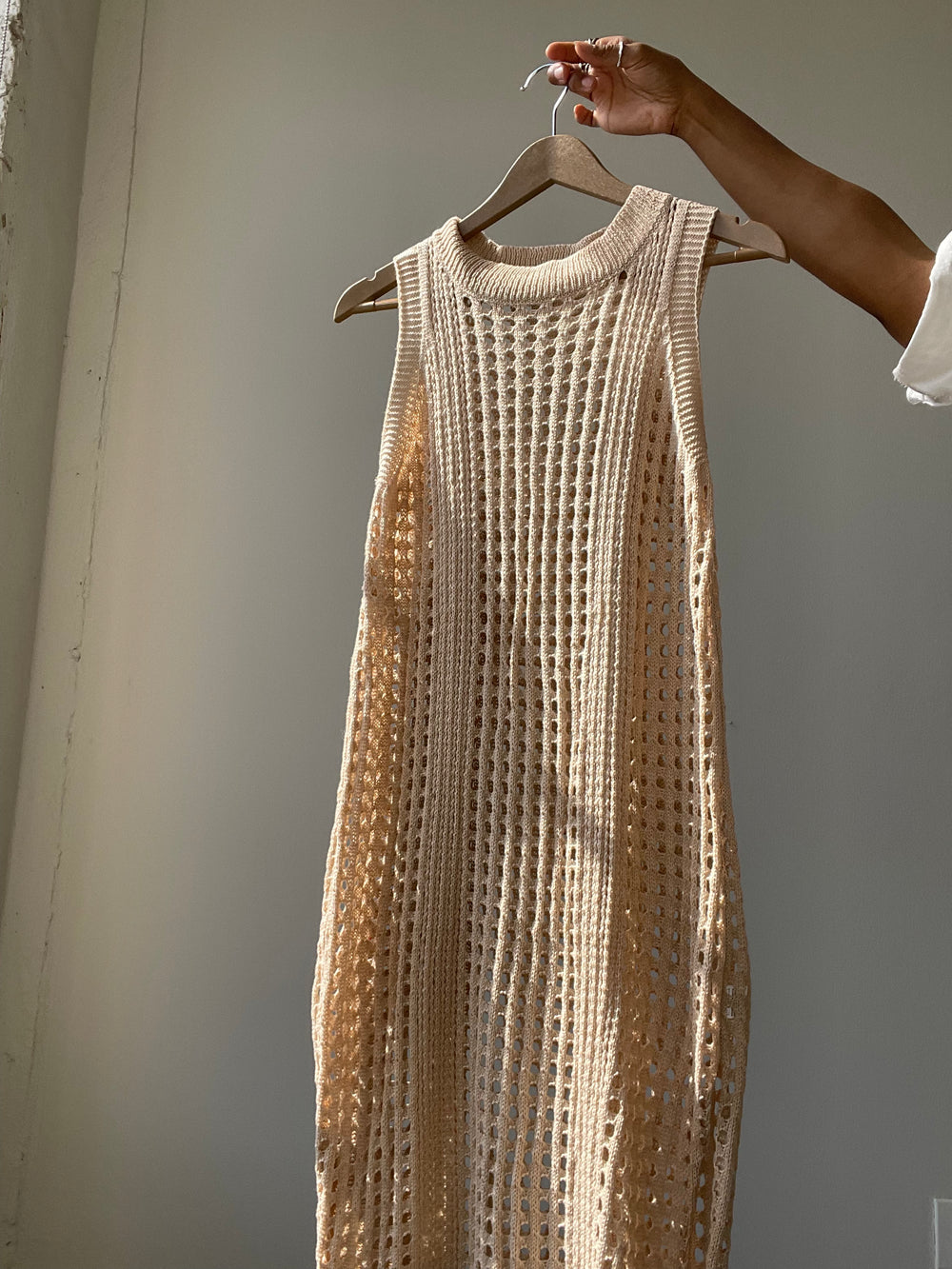 Savanna Crochet Midi Side Slit Dress In Natural