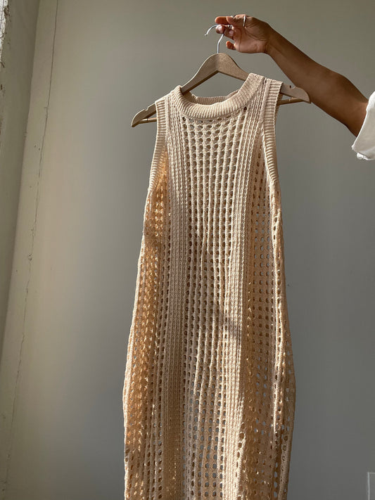 Savanna Crochet Midi Side Slit Dress In Natural