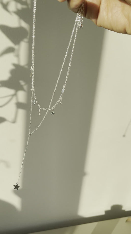 Star & Moon Drop Necklace In Silver