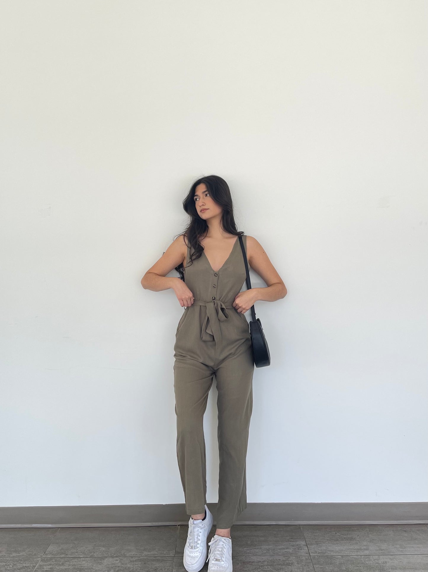 Harley Linen Tie Button Down Jumpsuit In Olive