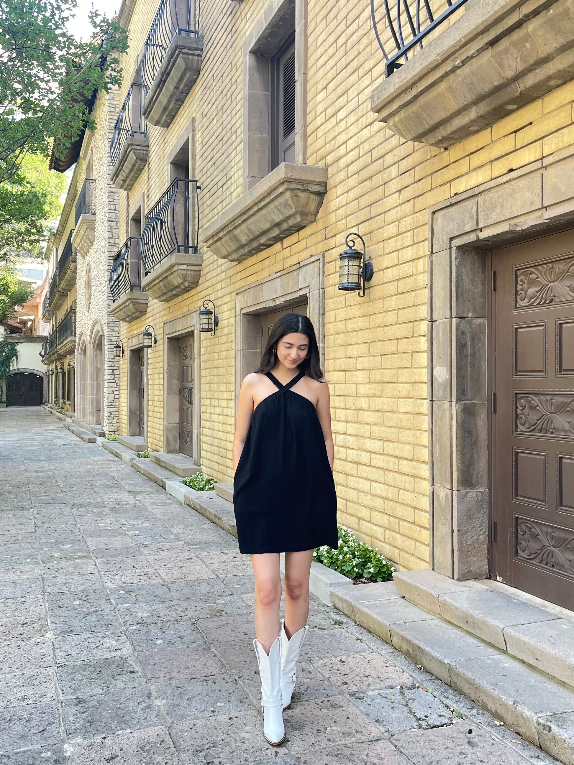Katerina Linen & Cotton Cross Front Dress In Black K. A. Classics Katerina Linen & Cotton Cross Front Dress In Black K. A. Classics