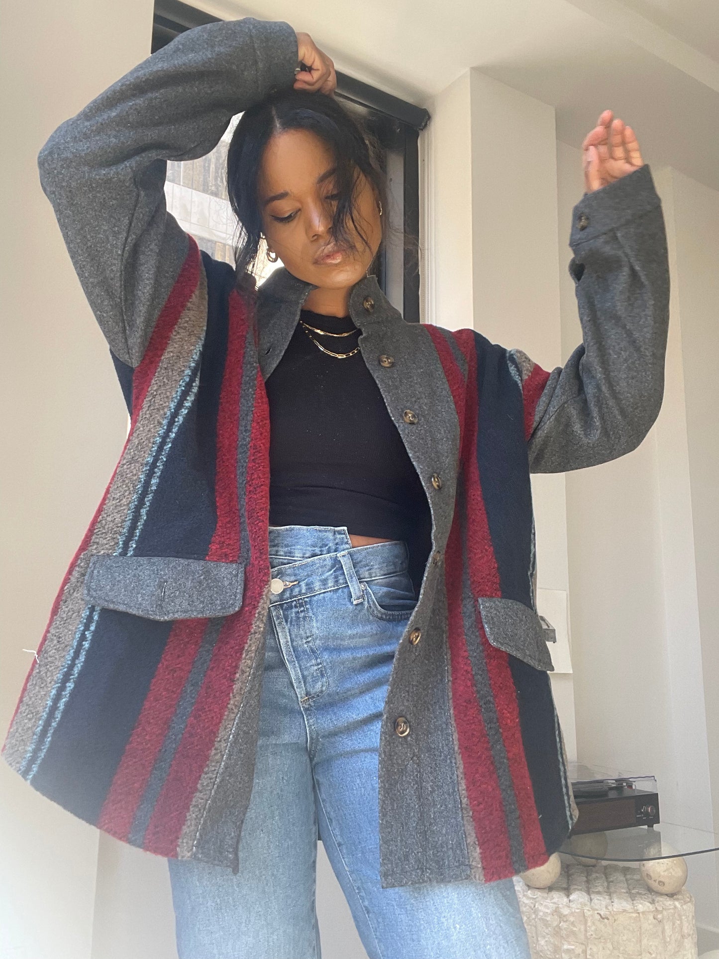 Vivian 90s Oversized Stripped Jacket In Grey Red