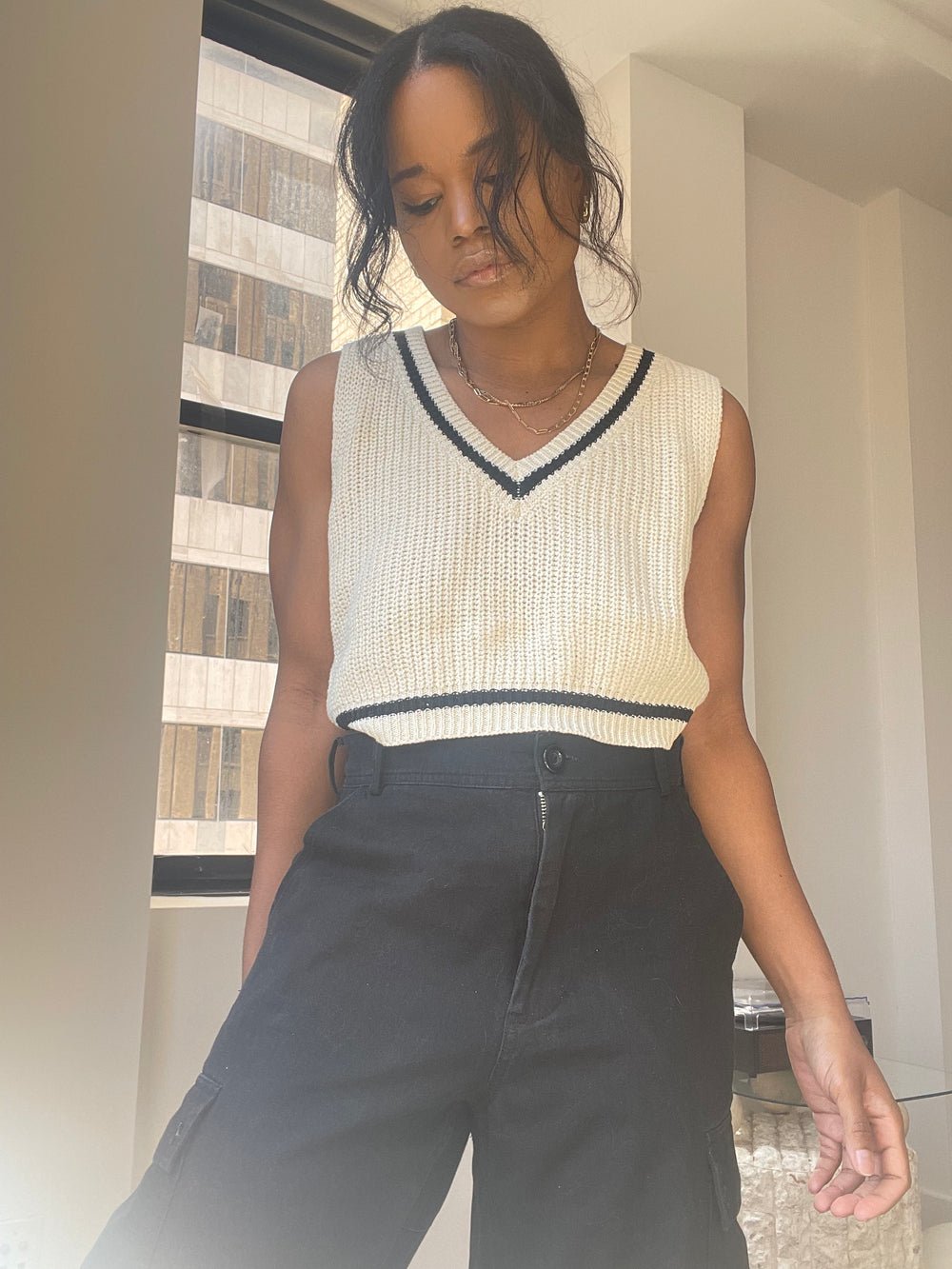 Randi V-Neck Knit Sweater Vest In Natural