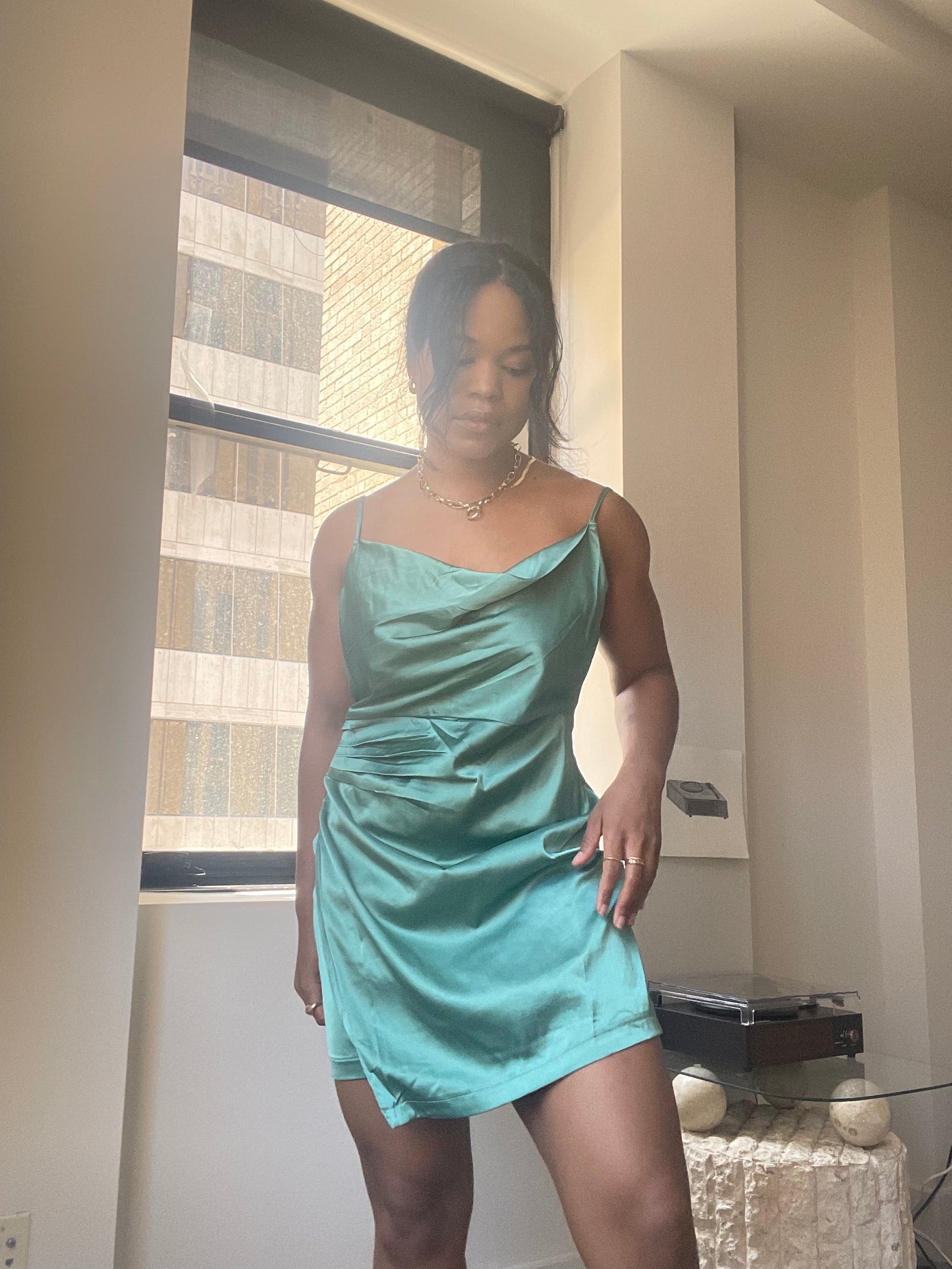 Carol Cowl Neck Mini Dress In Satin Sage