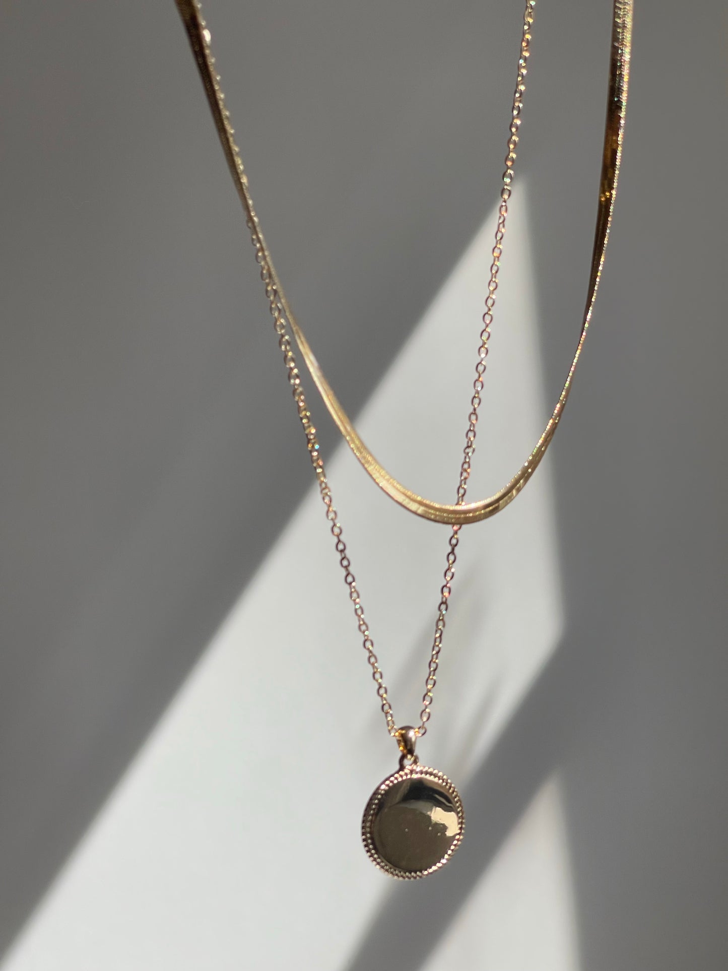 Layered Snake & Disc Drop Necklace In Gold