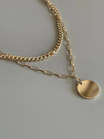 Classic Disk Drop Crum & Link  Layered Necklace In Gold