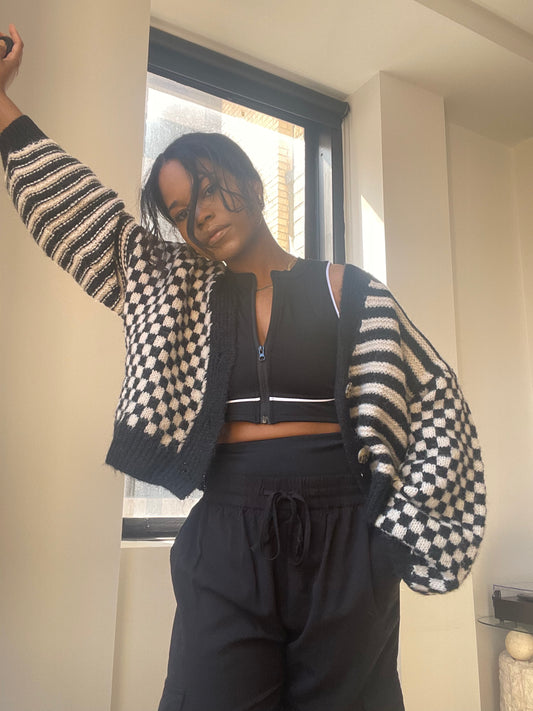 Thea Check & Stripe Knit Oversized Sweater In Black & Ivory