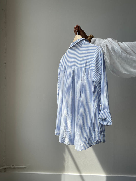 Rachel Oversized Striped Button Down Shirt In Sky Blue