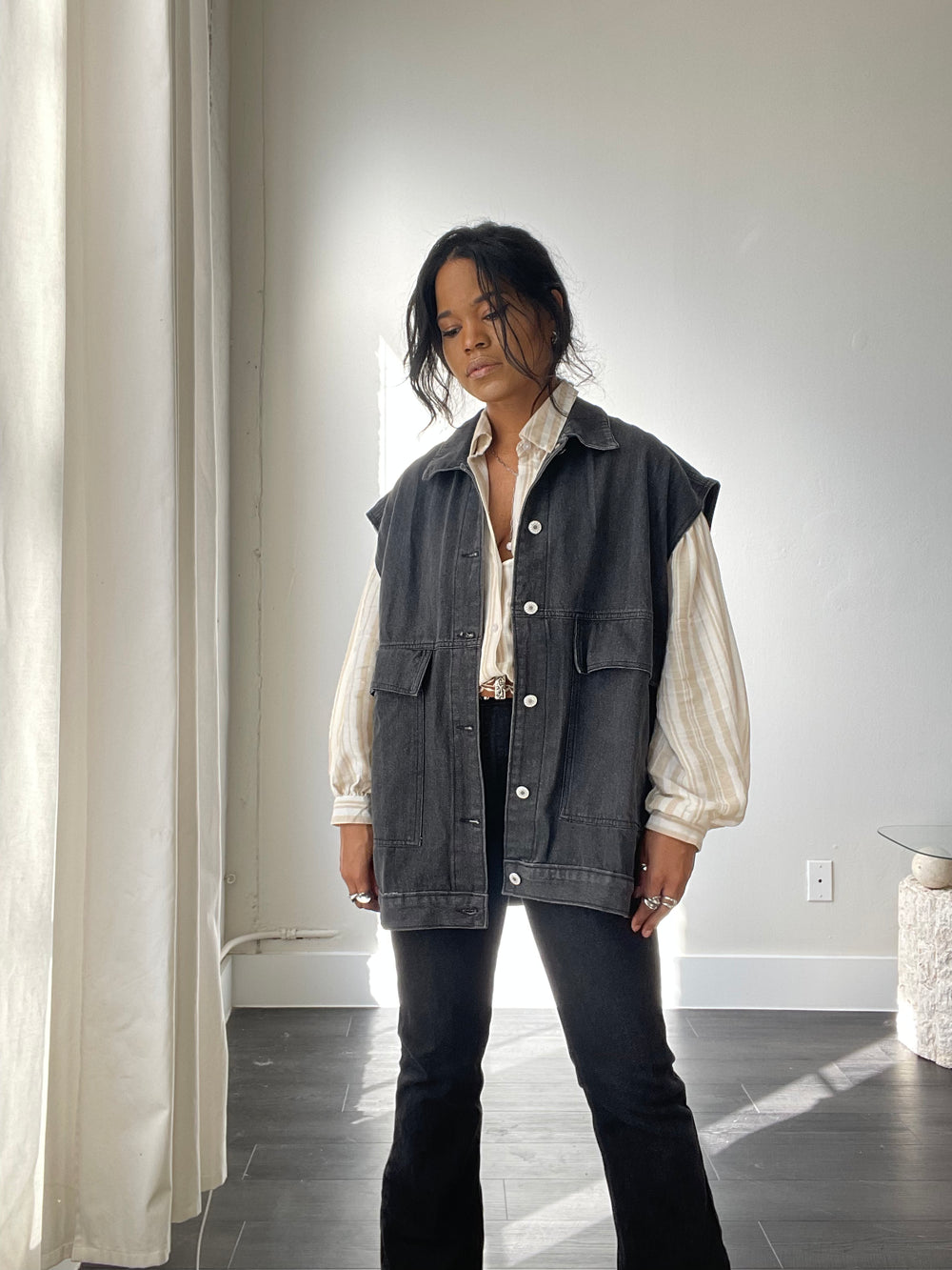 Jaime 80s Oversized Denim Vest In Black