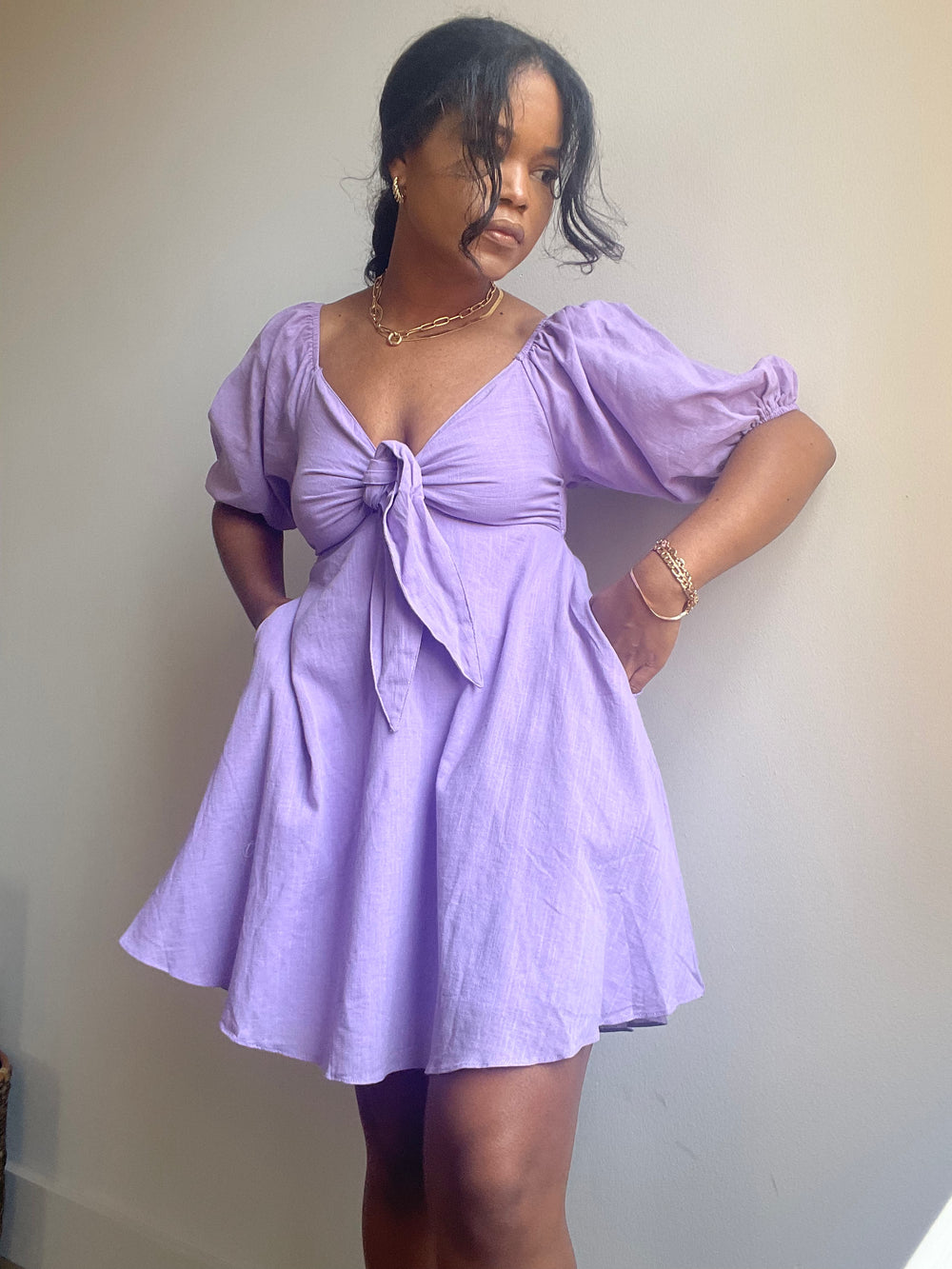 Zoe Cotton Tie Front Puff Sleeve Mini Dress In Lavender