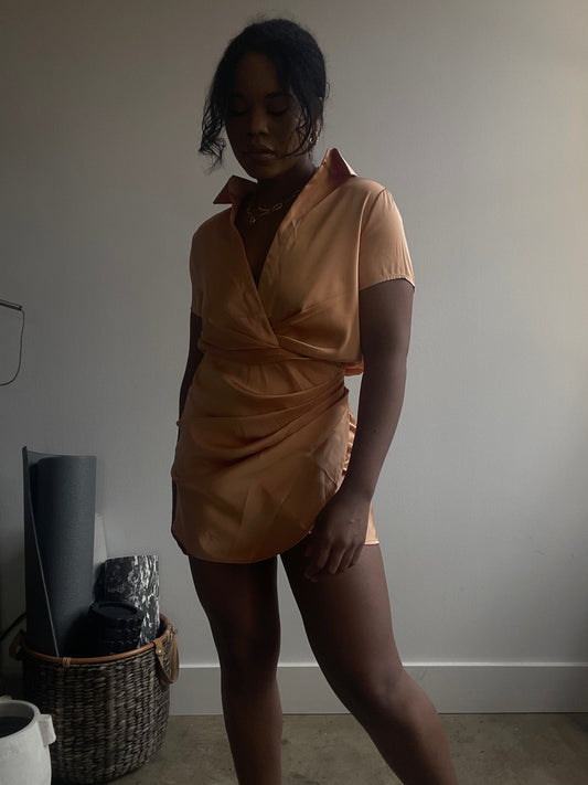 Kate Short Sleeve Rouge Front Mini Dress In Melon