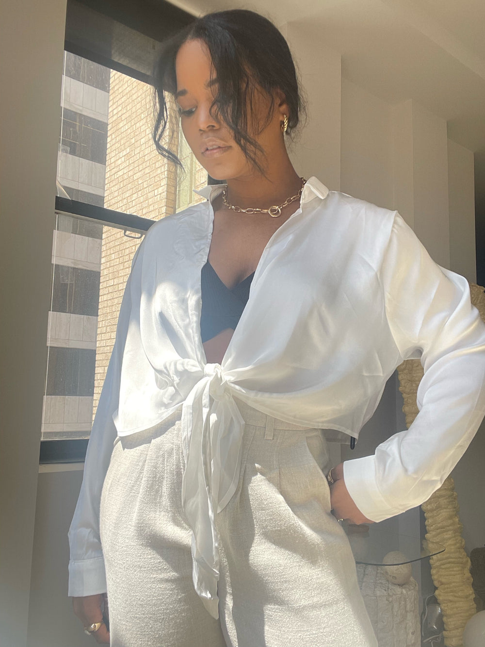 Kylie Tie Front Silky Top In White