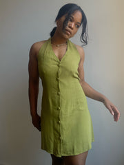 Donna Linen Button Down Halter Dress In Green