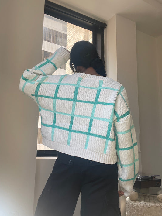 Kimberly Check Knit Pullover In White Teal