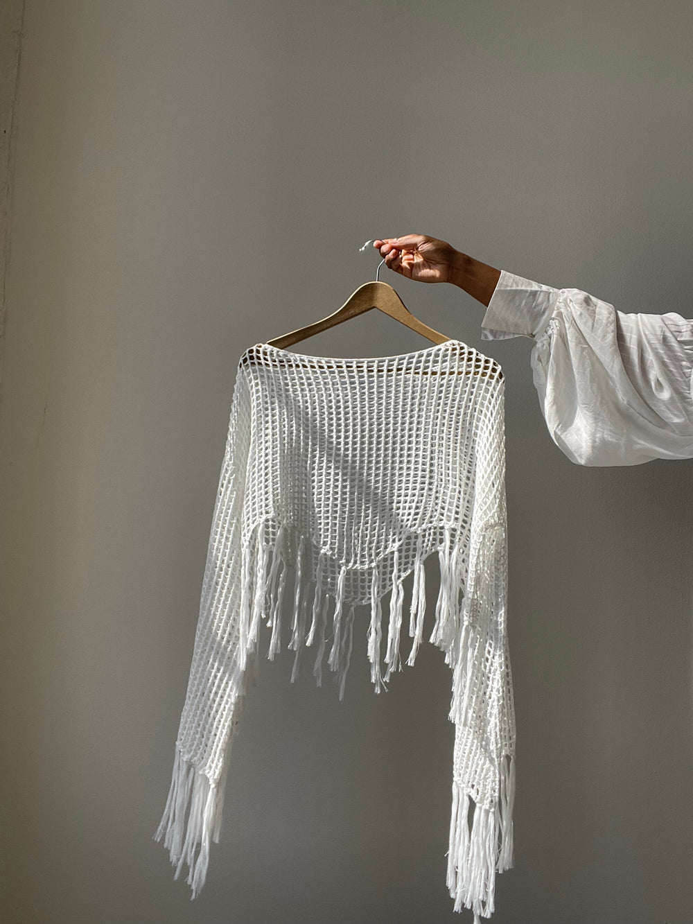Sagan Cotton Crochet Fringe Long Sleeve Top In White