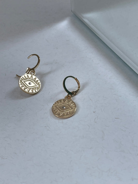 Evil Eye Disk Charm Drop Earring In Gold
