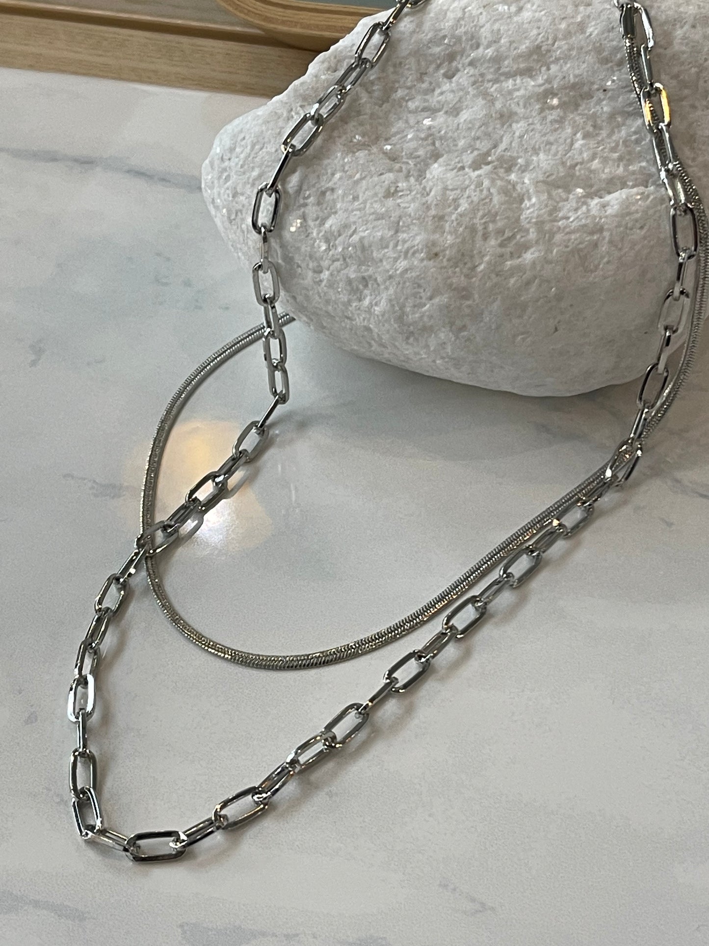 Sani Double Layered Snake & Link Chain Necklace In Silver