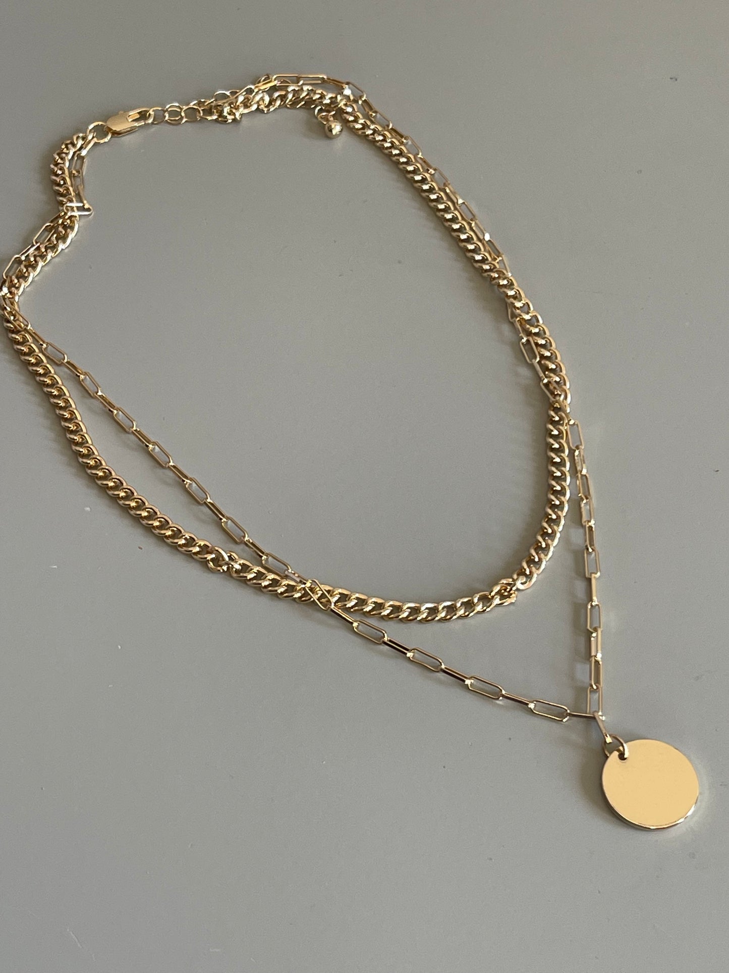 Classic Disk Drop Crum & Link  Layered Necklace In Gold