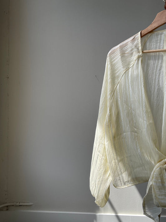 Patricia Balloon Sleeve Striped Sheer Tie Front Top In Banana