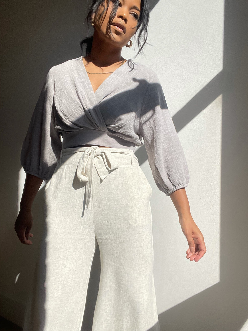 Diana Wrap Front Puff Sleeve Crop Top In Eggplant
