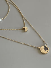 Star Moon & Pearls Layered Necklace In Gold
