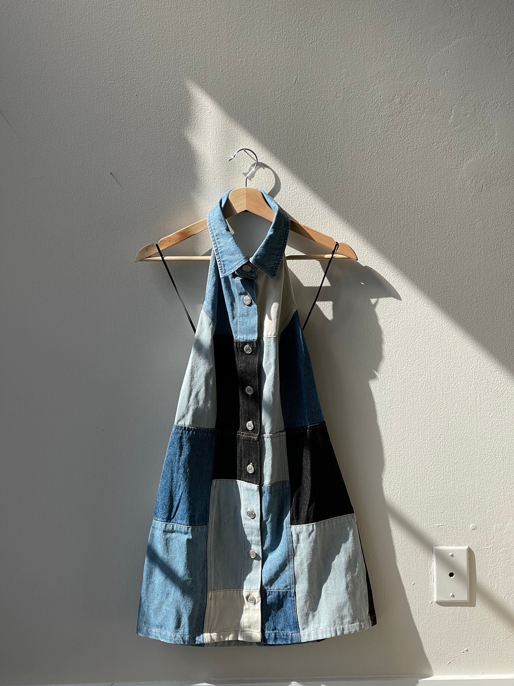 Susan 70s Styla Button Down Halter Patch Work Denim Mini Dress K. A. Classics Susan 70s Styla Button Down Halter Patch Work Denim Mini Dress K. A. Classics