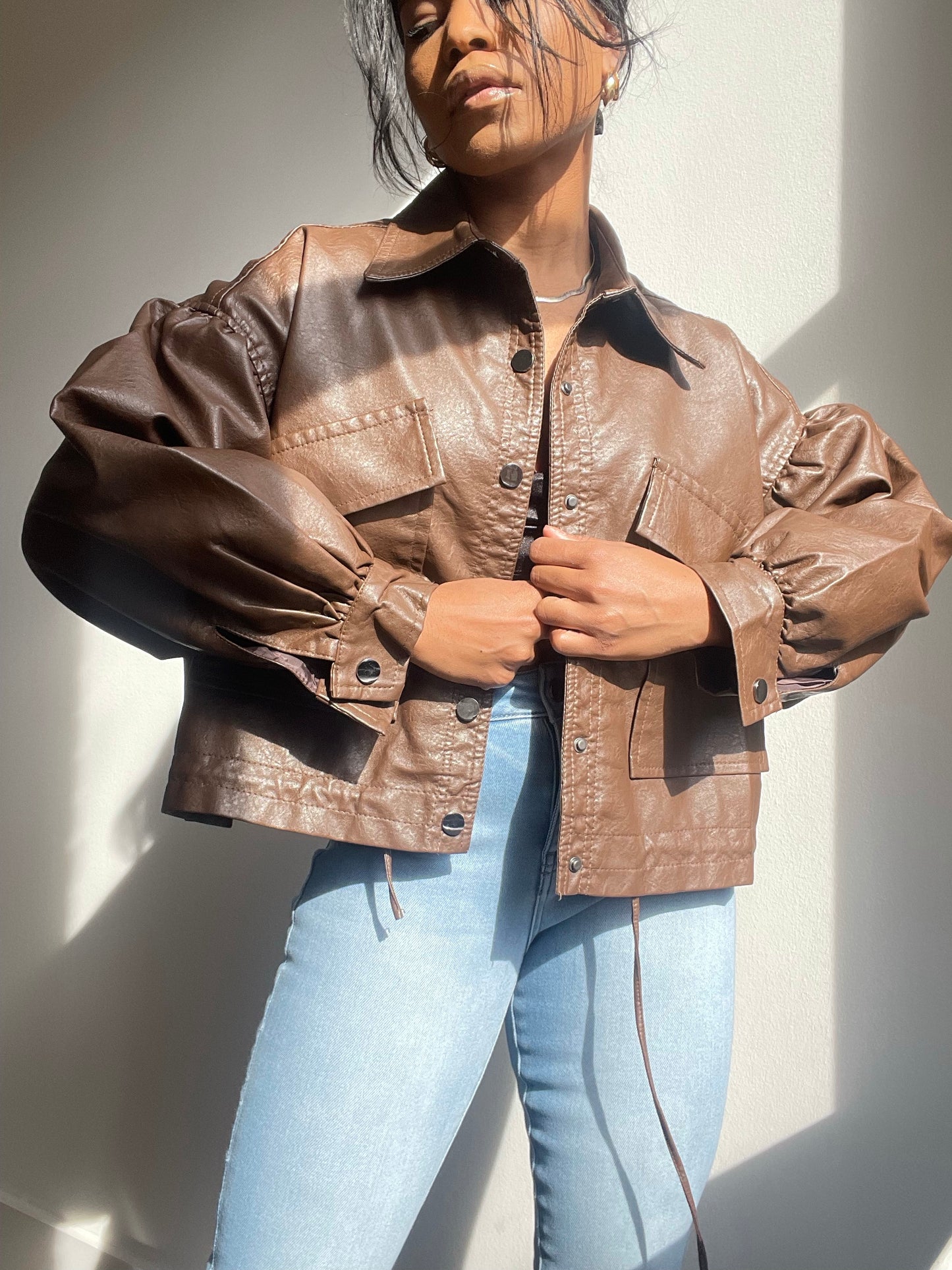 Beverly Vegan Leather Dolman Sleeve Jacket In Brown
