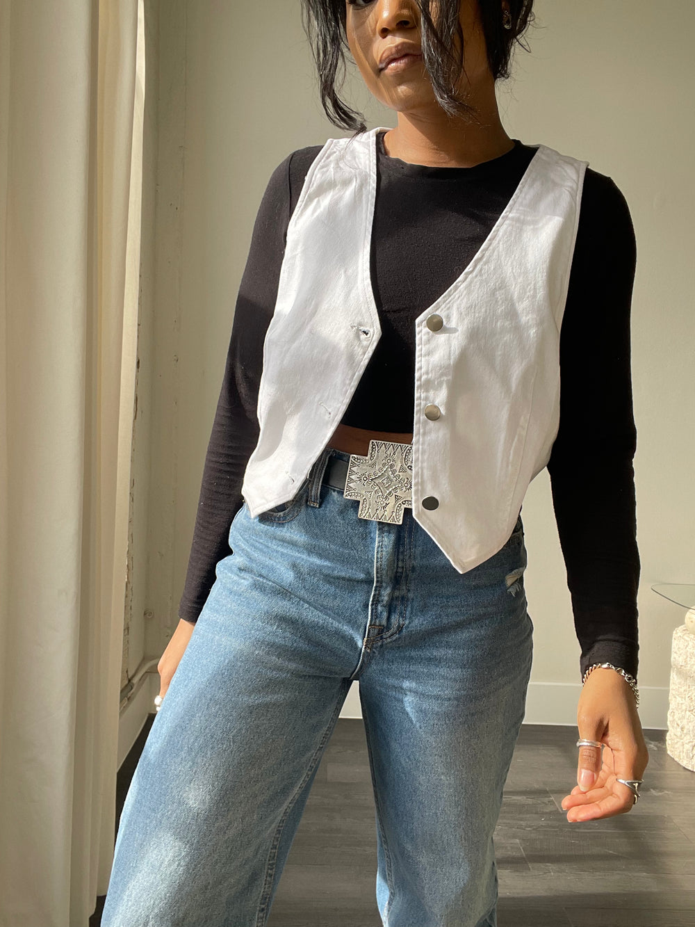 Taylor Cotton Denim Button Classic Cowgirl Vest In White
