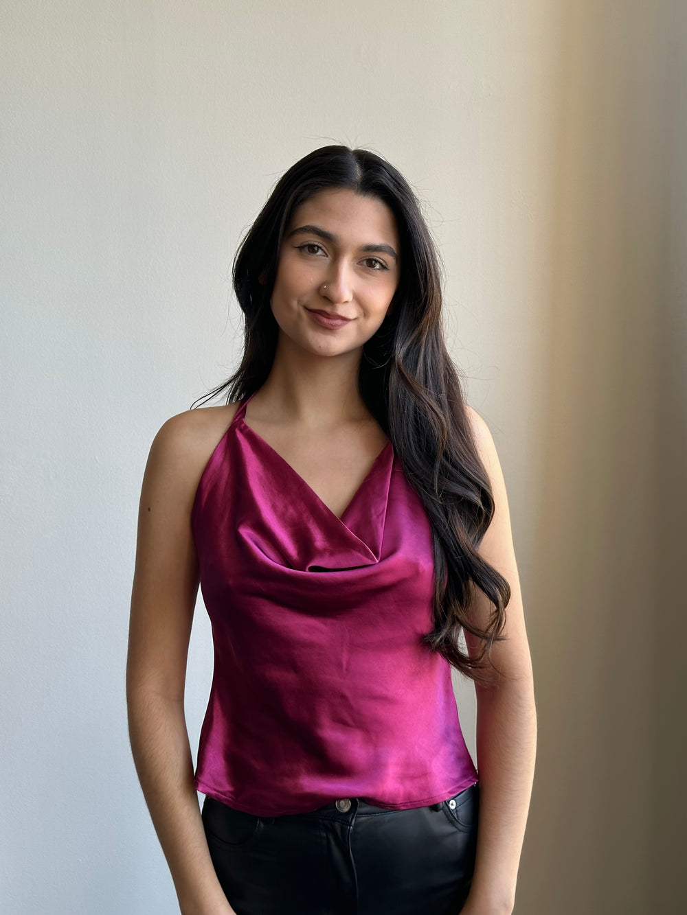Cheryl Cowl Neck Satin Halter Top In Magenta