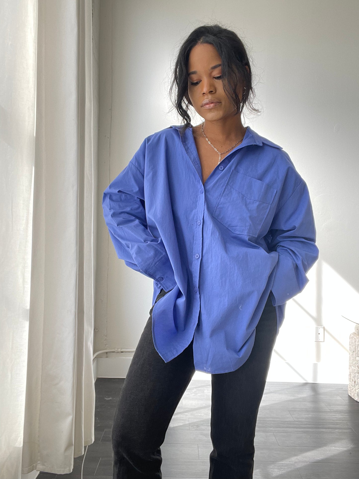 Chase Cotton Oversized Button Down In Cobalt Blue