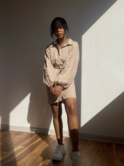 Lexi Button Down Balloon Sleeve Dress In Tan