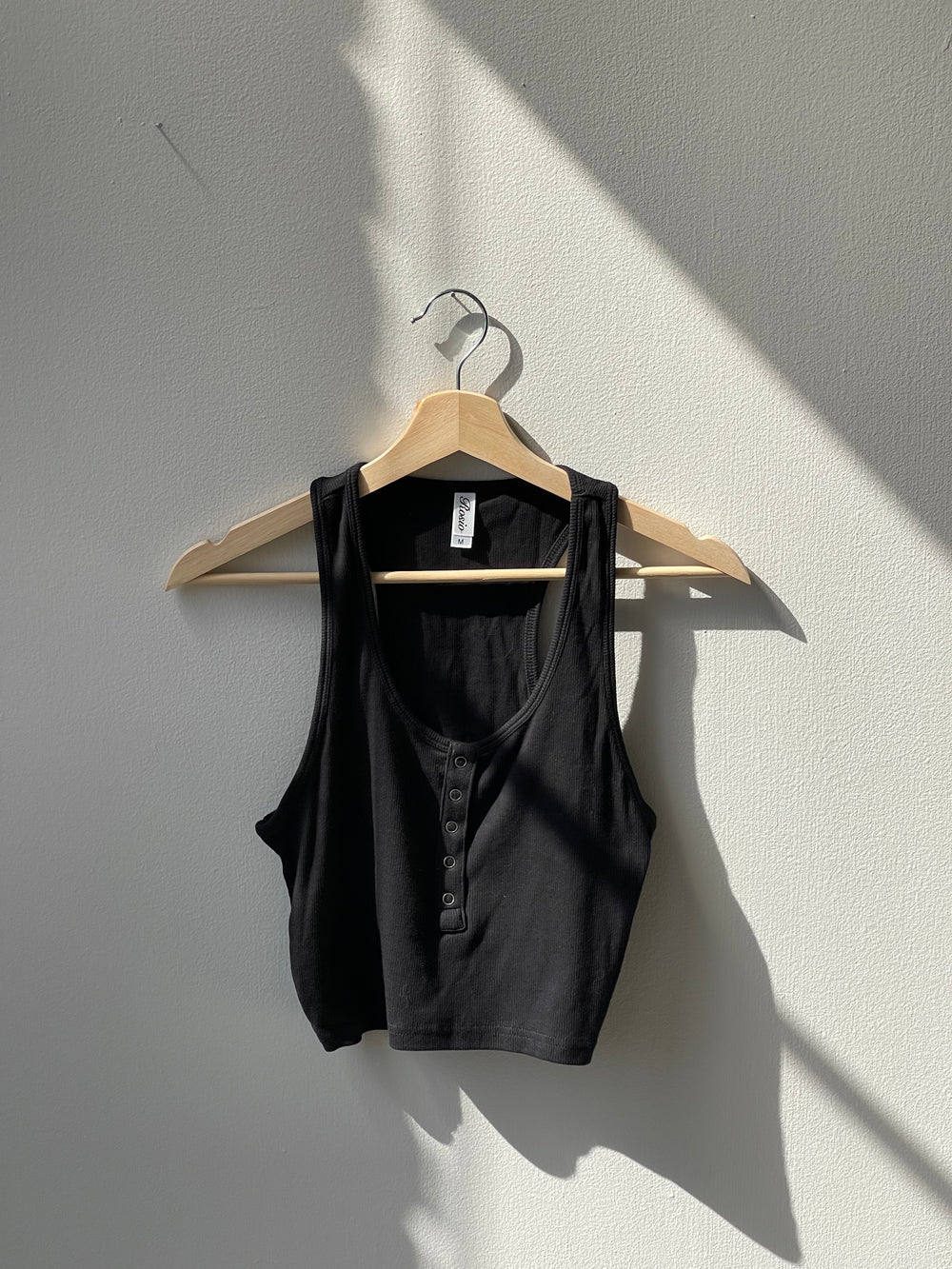Trinity Cotton Razor Back Snap Front Ripped Crop Tank In Black