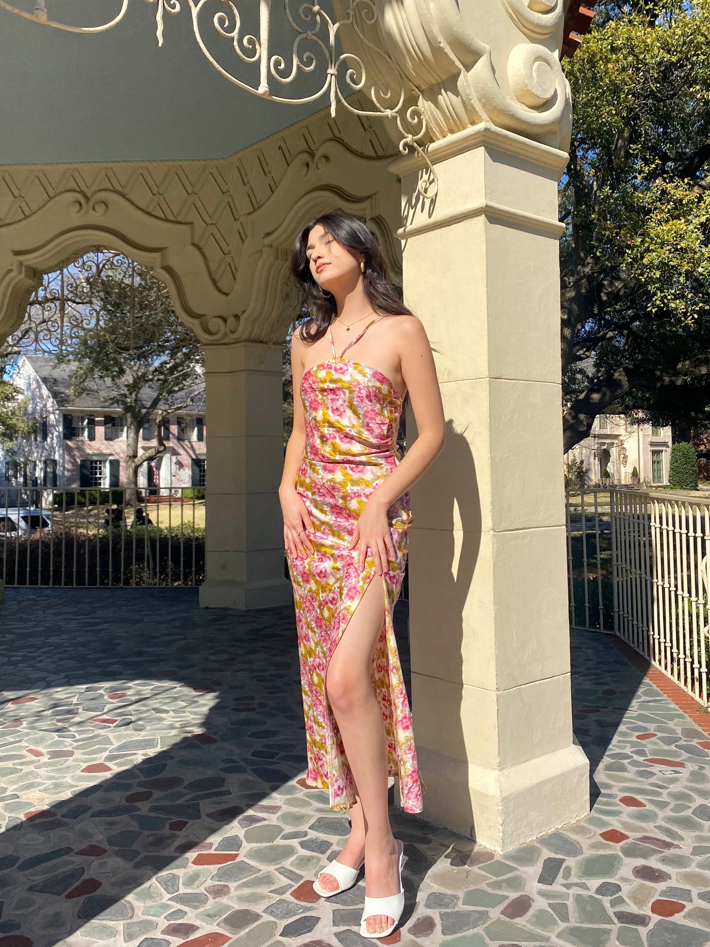 Alma Halter Slit Maxi Dress In Pink Lemonade K. A. Classics Alma Halter Slit Maxi Dress In Pink Lemonade K. A. Classics