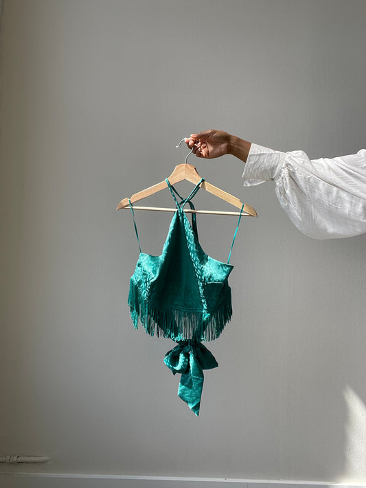 Margaret Fringe Halter Top In Kelly Green