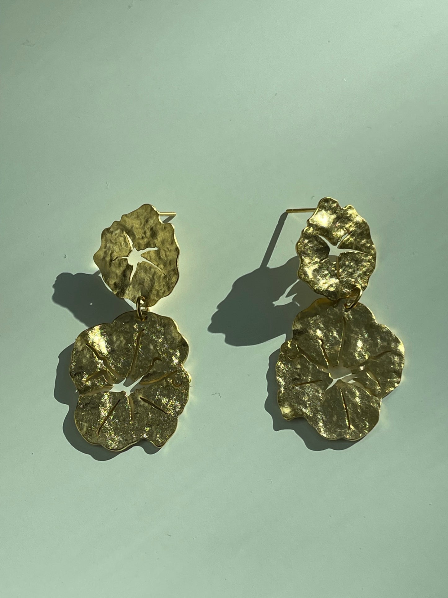 Pressed 14k Gold Dipped Organic Flower Drop Earring In Matte Gold
