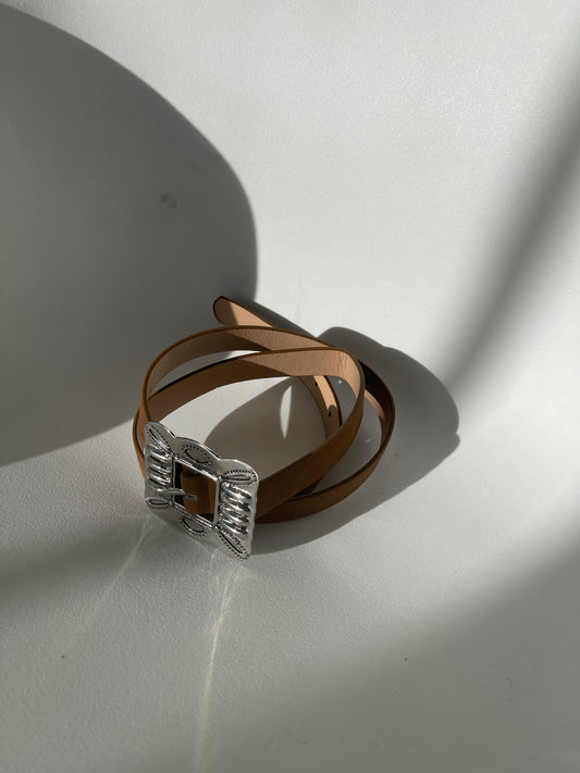 Danny Western Velvet Square Buckle Belt In Brown Silver