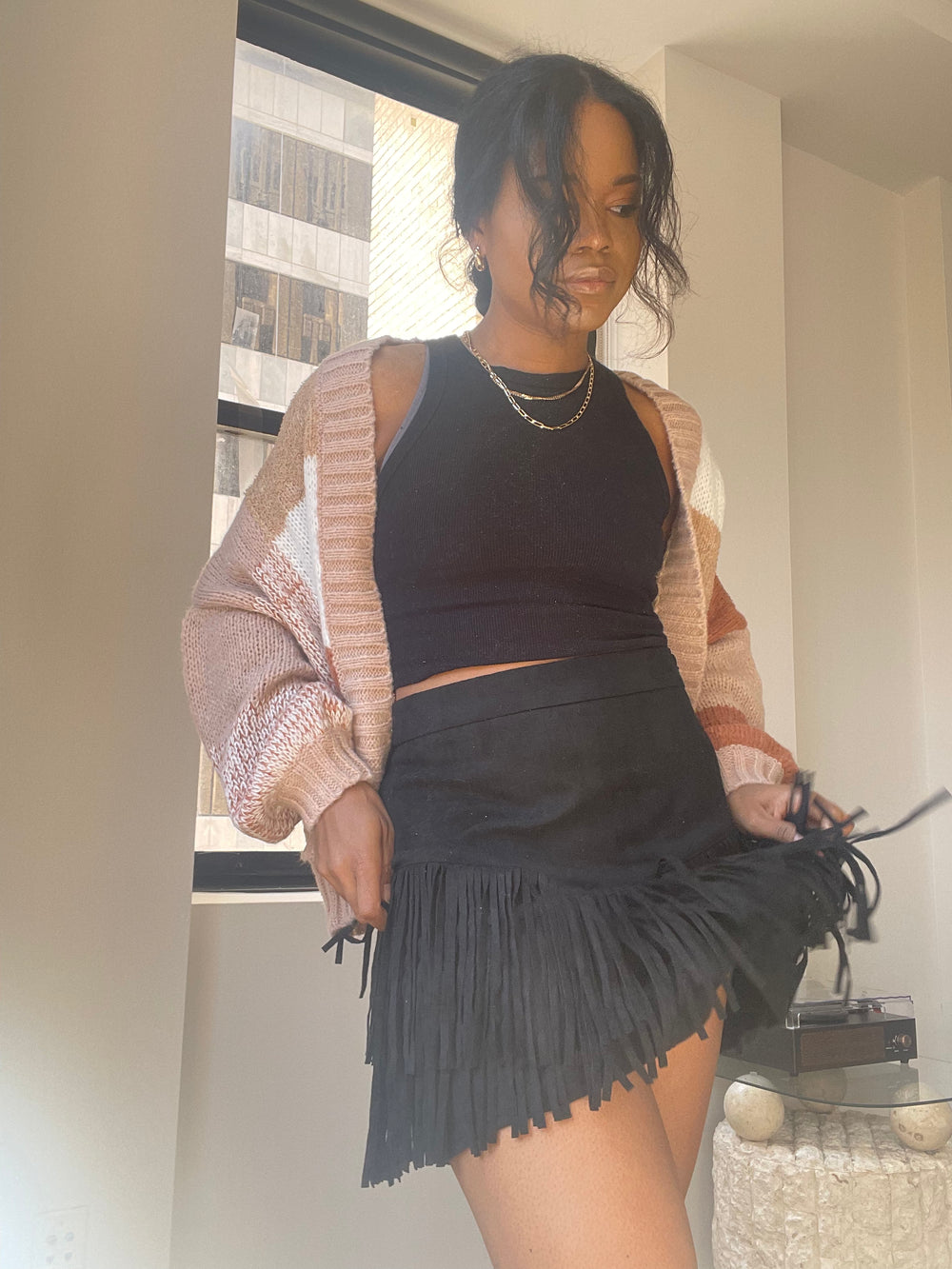 Payton Suede Fringe Mini Skirt In Black