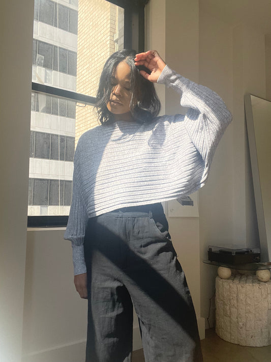 Candice Batwing Ribbed Cropped Top In Confetti Grey