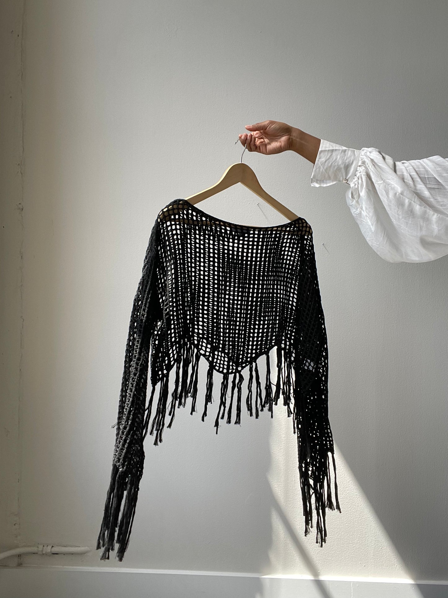 Sagan Crochet Cotton Fringe Long Sleeve Top In Black