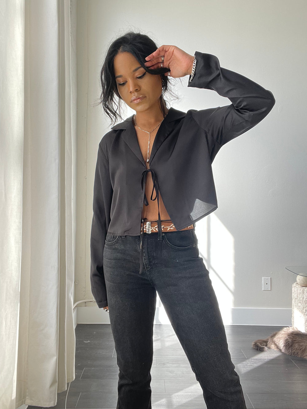 Rage Single Front Closure Long Sleeve Crop Top In Black