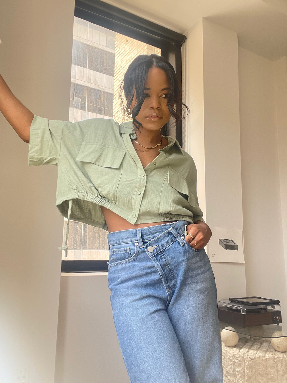 Katin Cotton Lounge Crop Button Down Top In Sage