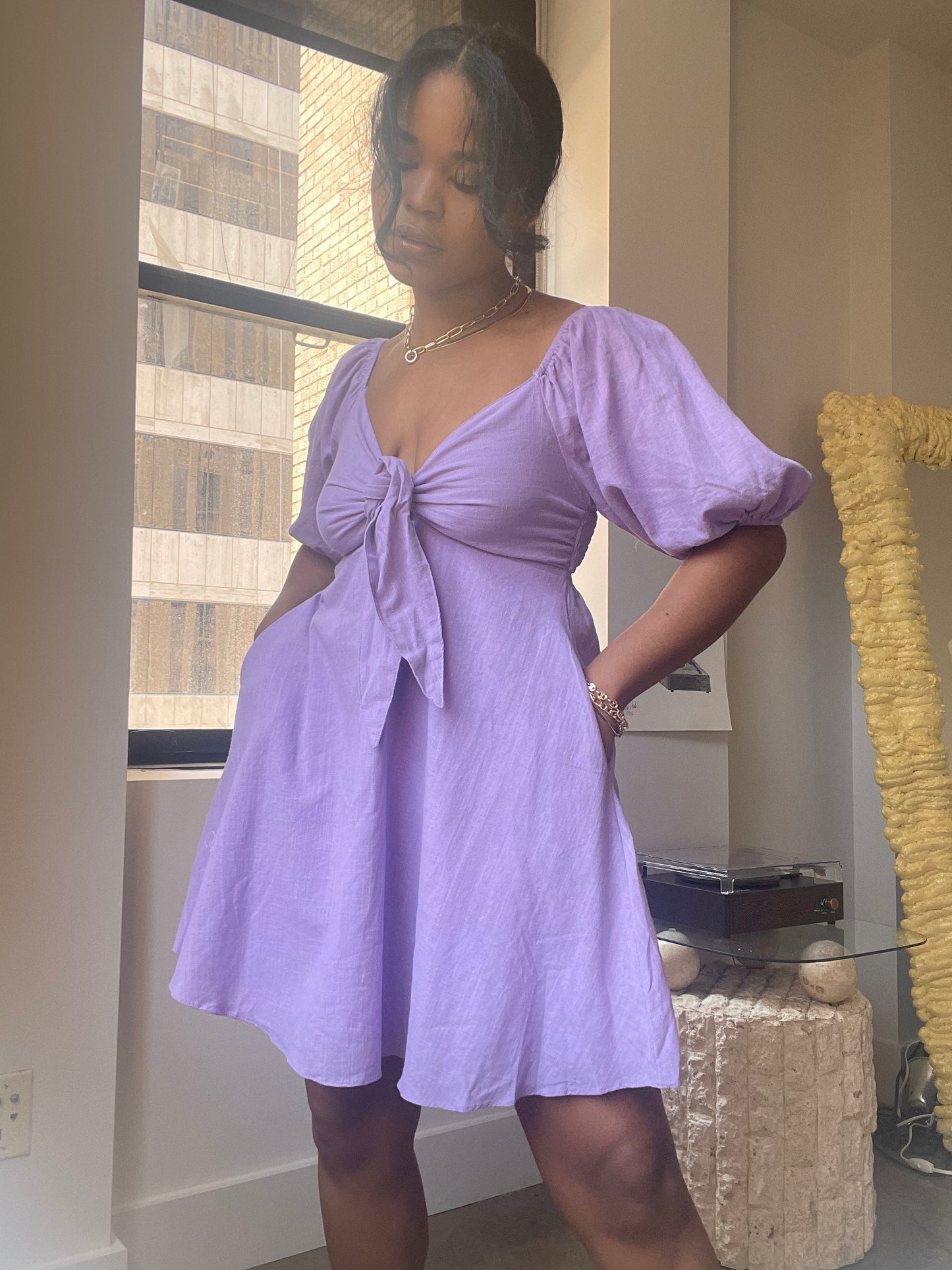 Zoe Cotton Tie Front Puff Sleeve Mini Dress In Lavender