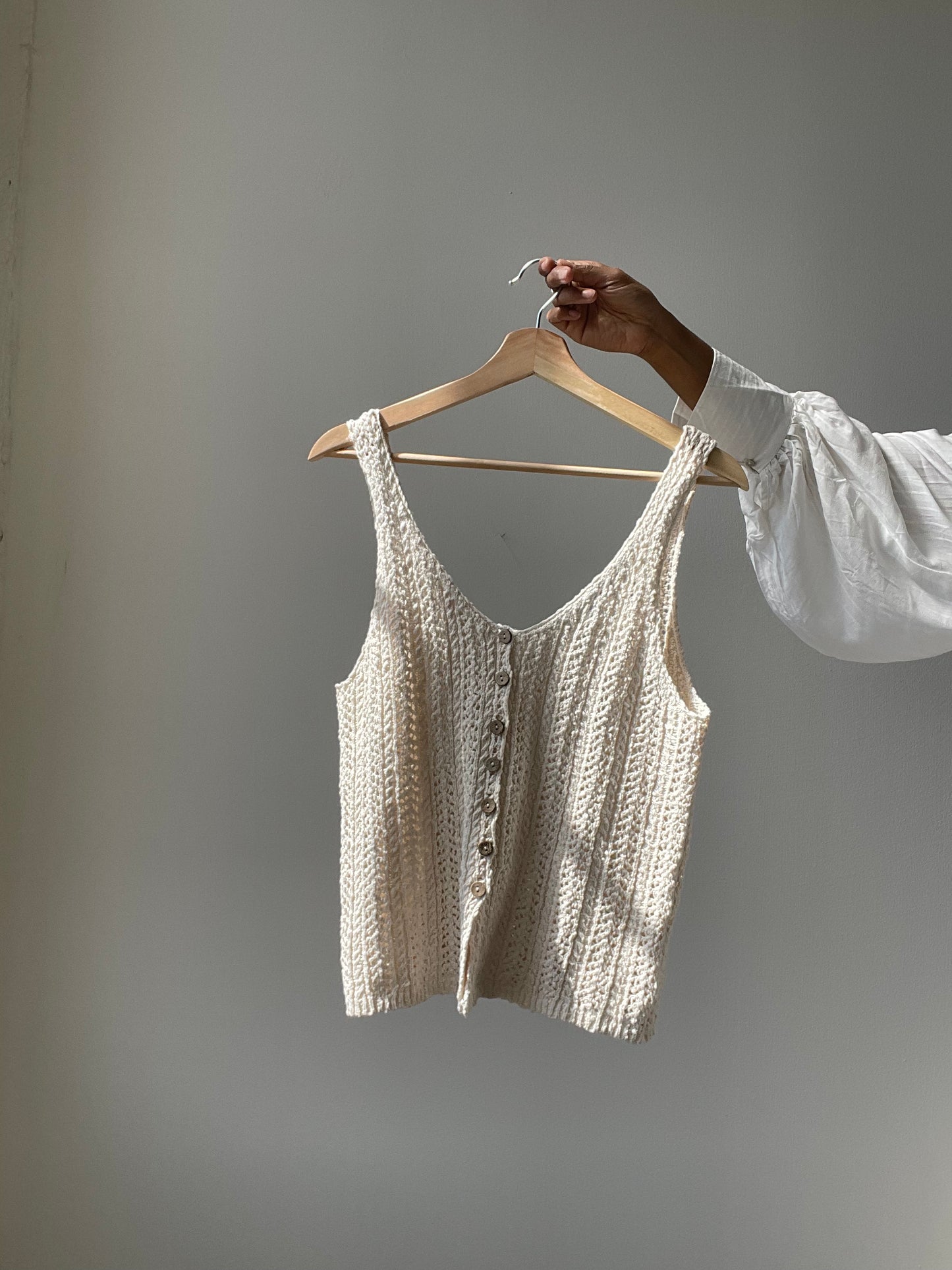 Kindle Cotton Crochet Button Front Vest In Natural