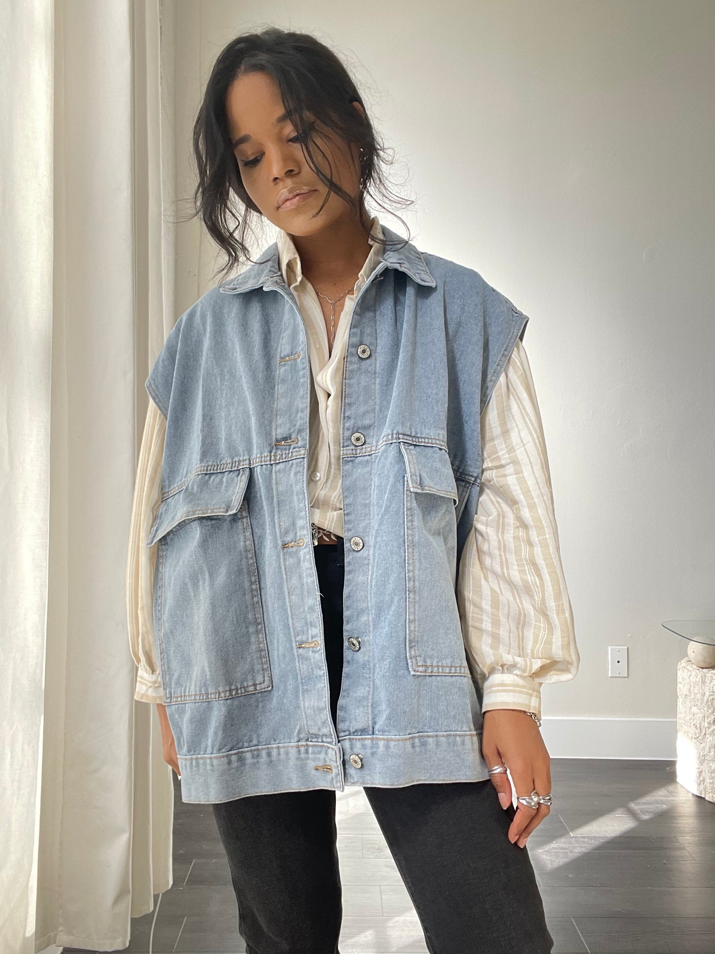 Jamie Oversized Denim Jacket Vest In Blue