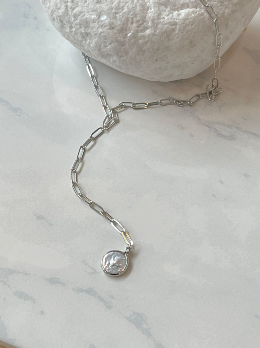 Freshwater Pearl Drop Link Chain Necklace In Silver