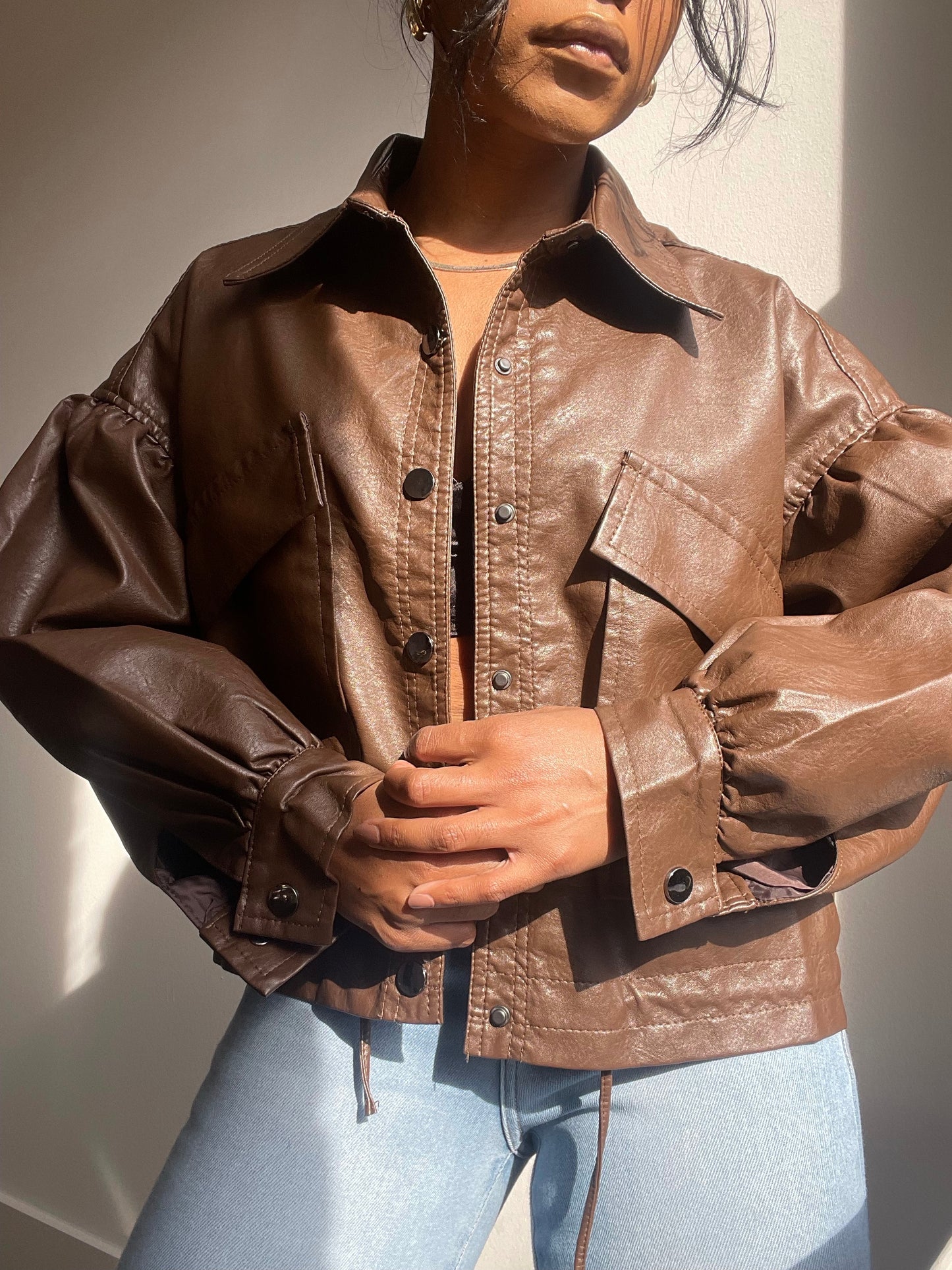 Beverly Vegan Leather Dolman Sleeve Jacket In Brown