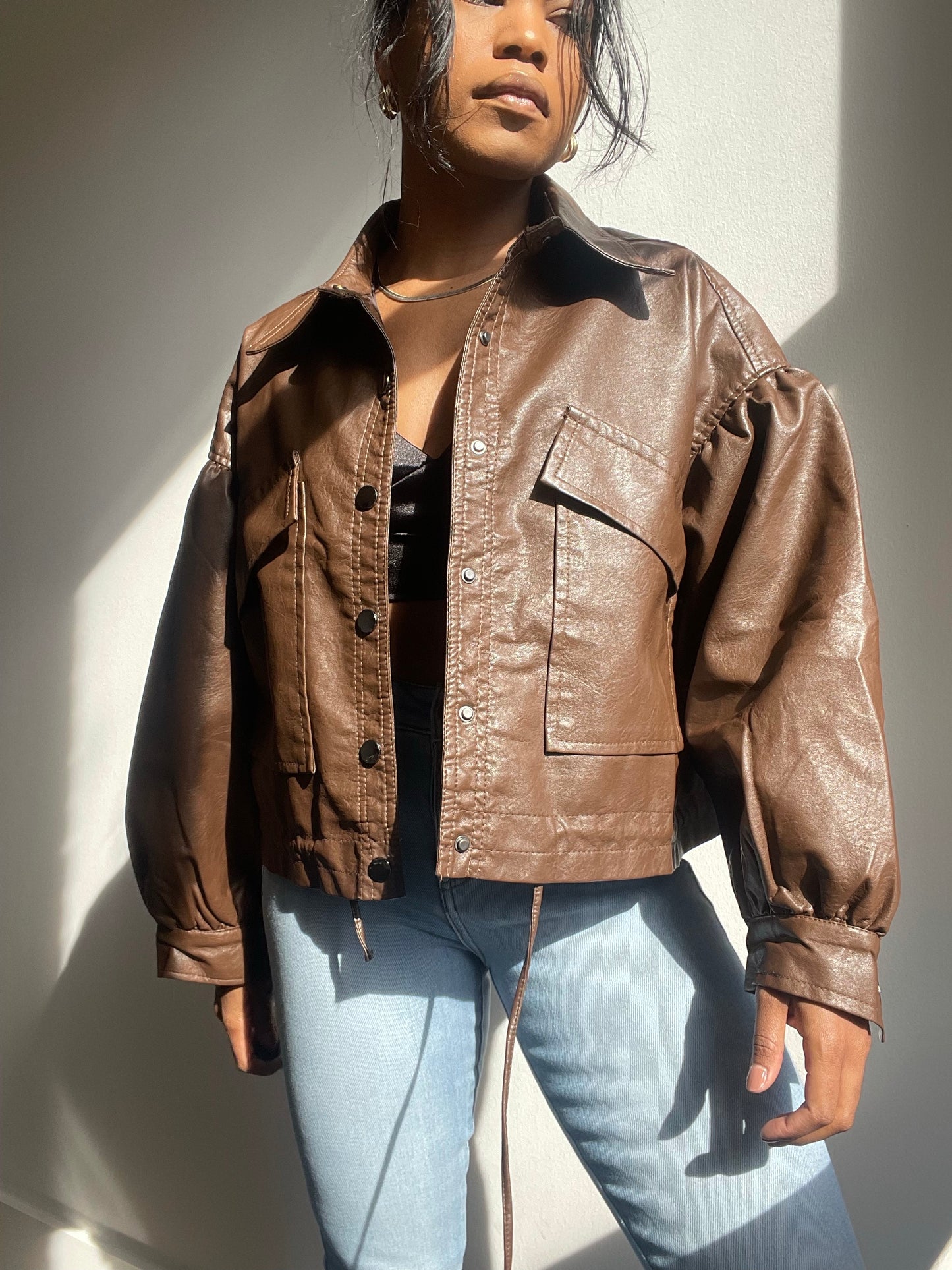 Beverly Vegan Leather Dolman Sleeve Jacket In Brown