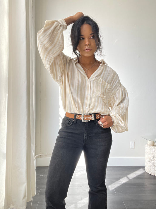 Travis Balloon Sleeve Stripe Button Down Shirt In Taupe